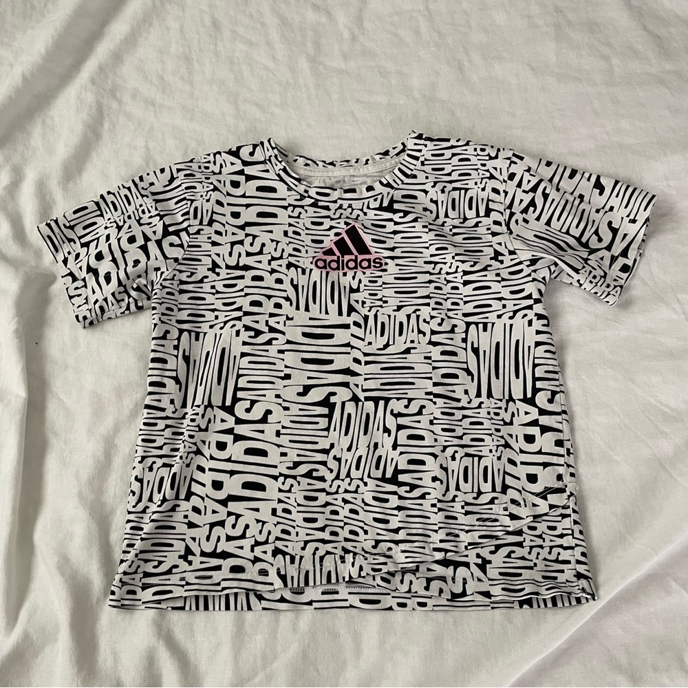 Adidas AOP Shirt Youth MEDIUM 10-12 White Black Graphic Kids All Over Print TEE
